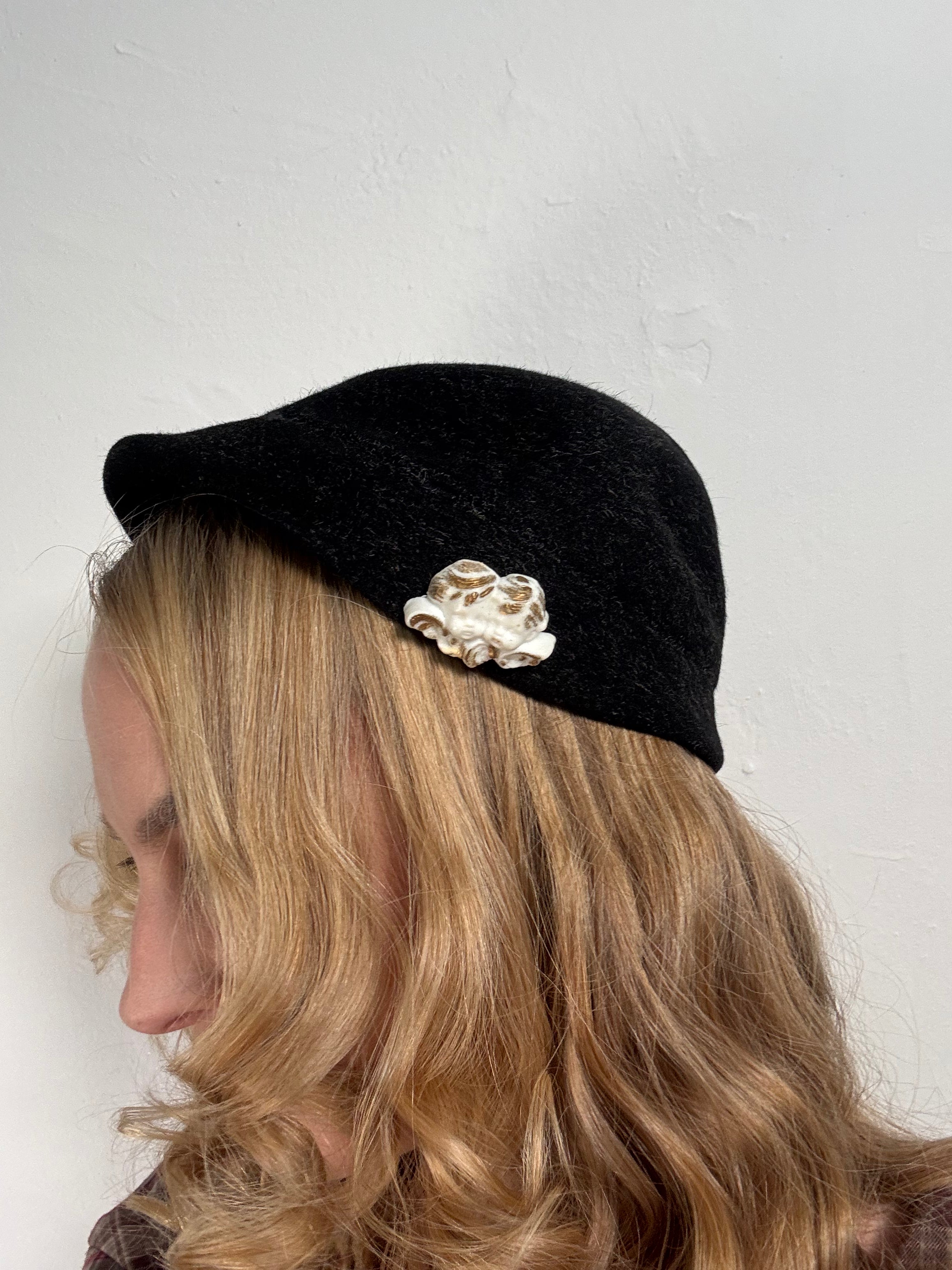 Vintage Black Hat with Angel Pin