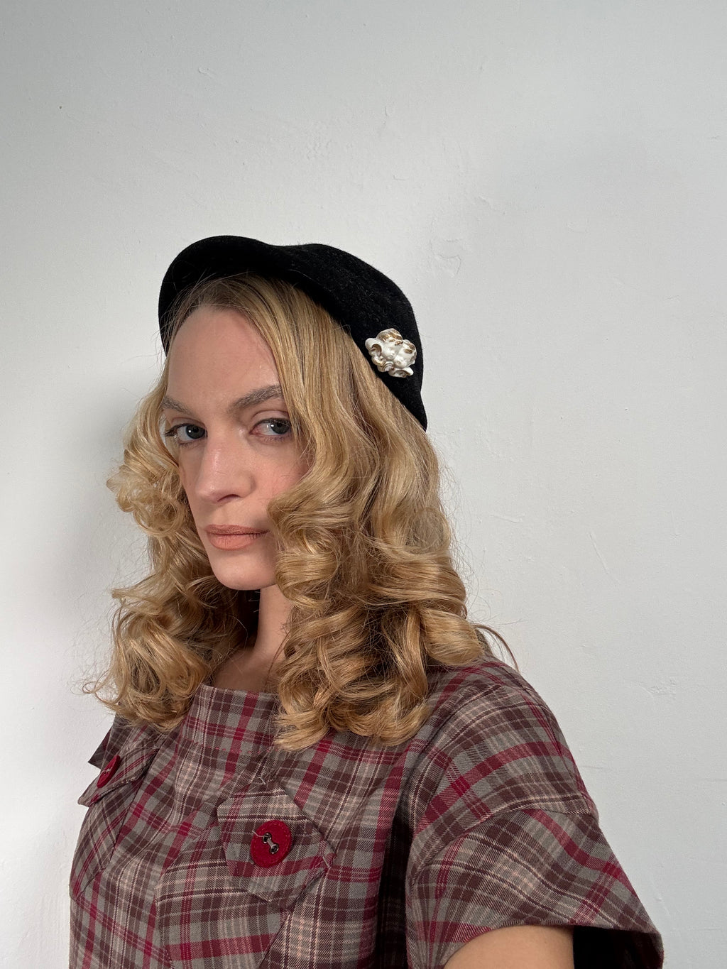 Vintage Black Hat with Angel Pin