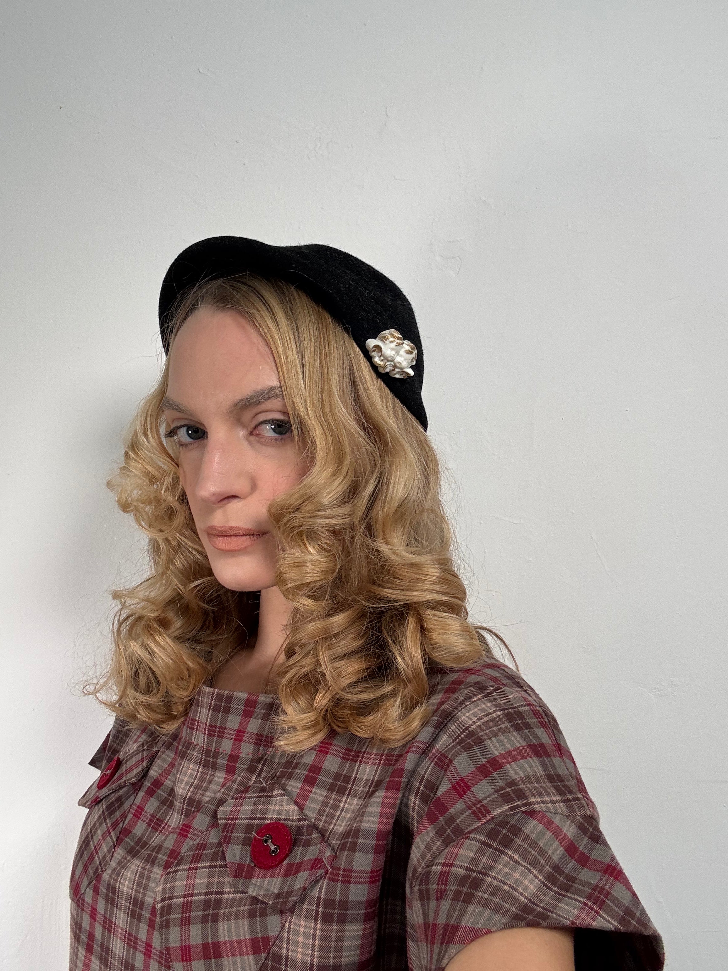 Vintage Black Hat with Angel Pin